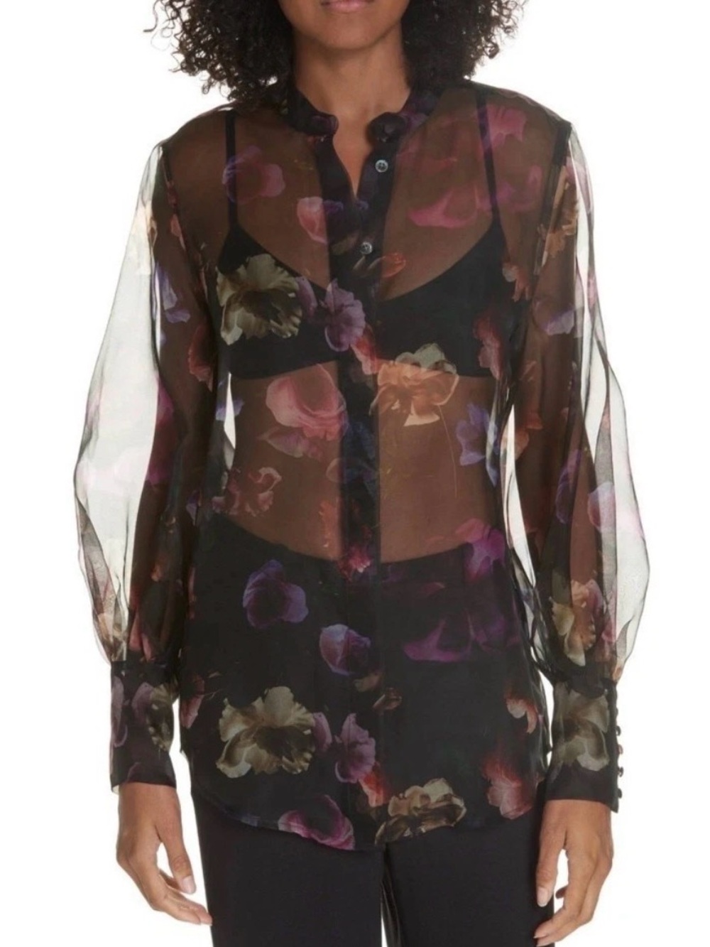 Equipment Boleyn Silk Sheer Floral Blouse in Black and Purple